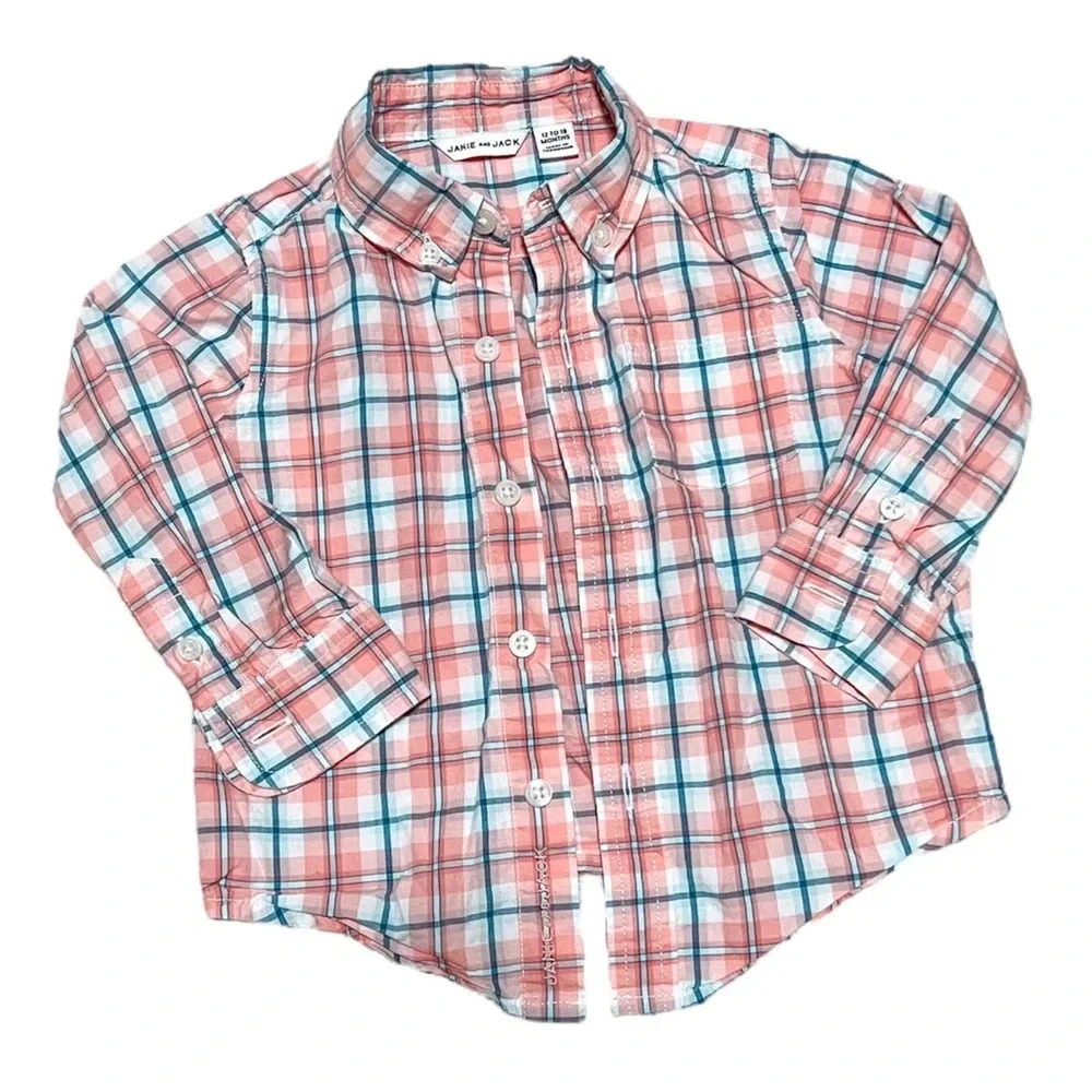 Janie and Jack Peach and Blue Plaid Button Down Shirt